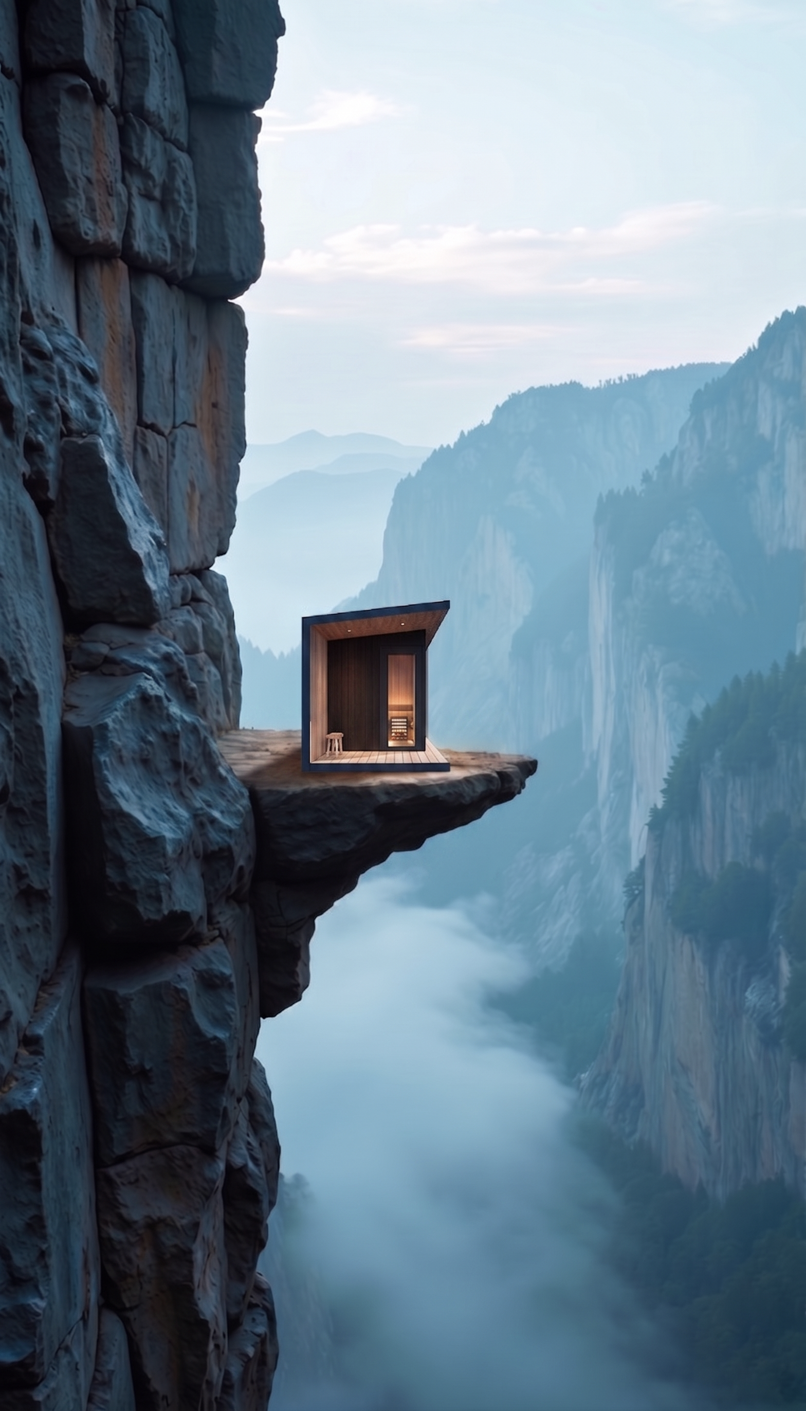 Sauna on a misty cliff in cold conditions